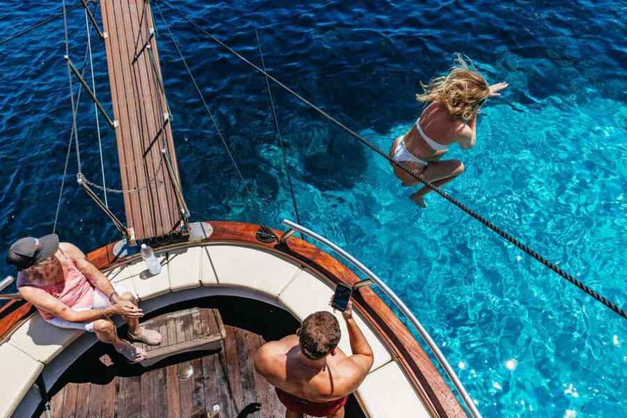 From Palau/La Maddal: Boat Tour of La Maddalena Archipelago - Caprera and Cala Serena: the first swim stop hits early